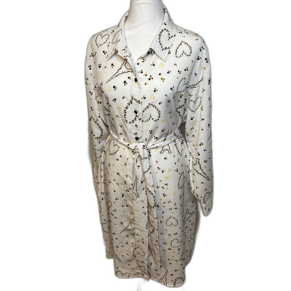 Karl Lagerfield Paris Logo Print Belted Shirtdress Button Up Collared White Gold